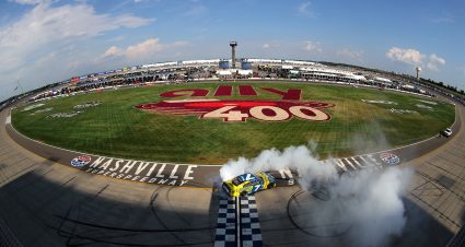 LEBANON, TENNESSEE - JUNE 25: Justin Allgaier, driver of the #7 Hellmann's Chevrolet, celebrates with a burnout after winning the NASCAR Xfinity Series Tennessee Lottery 250at Nashville Superspeedway on June 25, 2022 in Lebanon, Tennessee. (Photo by Meg Oliphant/Getty Images) | Getty Images