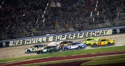 LEBANON, TENNESSEE - JUNE 26: Chase Elliott, driver of the #9 NAPA Auto Parts Chevrolet, Kurt Busch, driver of the #45 Monster Energy Toyota, Kyle Larson, driver of the #5 HendrickCars.com Chevrolet, and Joey Logano, driver of the #22 Shell Pennzoil Ford, race during the NASCAR Cup Series Ally 400 at Nashville Superspeedway on June 26, 2022 in Lebanon, Tennessee. (Photo by Meg Oliphant/Getty Images) | Getty Images
