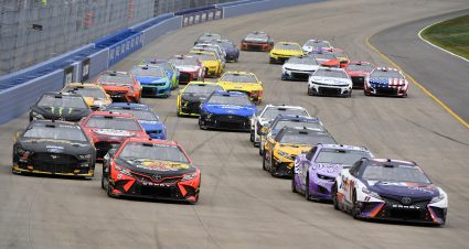 LEBANON, TENNESSEE - JUNE 26: Martin Truex Jr., driver of the #19 Bass Pro Shops Toyota, leads the field during the NASCAR Cup Series Ally 400 at Nashville Superspeedway on June 26, 2022 in Lebanon, Tennessee. (Photo by Logan Riely/Getty Images) | Getty Images