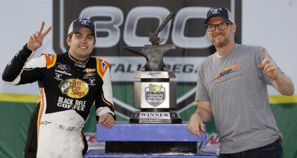 TALLADEGA, ALABAMA - APRIL 23: Noah Gragson, driver of the #9 Bass Pro Shops/TrueTimber/BRCC Chevrolet, and  team owner Dale Earnhardt Jr. pose for photos in victory lane after winning the NASCAR Xfinity Series Ag-Pro 300 at Talladega Superspeedway on April 23, 2022 in Talladega, Alabama. (Photo by Sean Gardner/Getty Images) | Getty Images