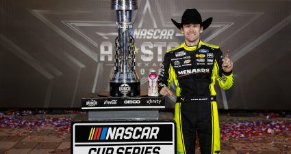 FORT WORTH, TEXAS - MAY 22: Ryan Blaney, driver of the #12 Menards/Wrangler Ford, celebrates in victory lane after winning the NASCAR Cup Series All-Star Race at Texas Motor Speedway on May 22, 2022 in Fort Worth, Texas. (Photo by Chris Graythen/Getty Images) | Getty Images