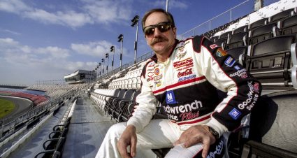 DAYTONA BEACH, FL - FEB 4, 2001 - Dale Earnhardt checks out the view from the newly completed Earnhardt Grandstand during winter testing, two weeks before the Daytona 500, at Daytona International Speedway, Daytona Beach, FL, in this file photo from February 2001.  (Photo by Brian Cleary/Getty Images)