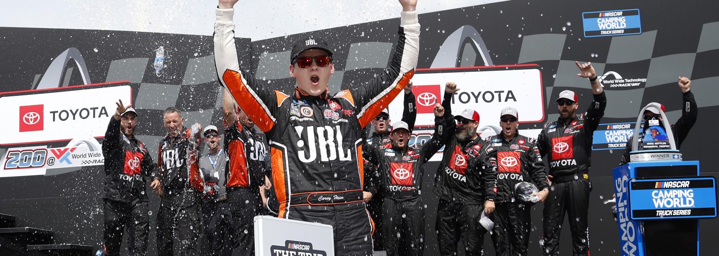 MADISON, ILLINOIS - JUNE 04: Corey Heim, driver of the #51 JBL Toyota, celebrates in victory lane after winning the NASCAR Camping World Truck Series Toyota 200 at WWT Raceway on June 04, 2022 in Madison, Illinois. (Photo by Sean Gardner/Getty Images) | Getty Images