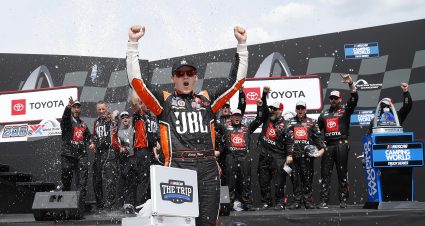MADISON, ILLINOIS - JUNE 04: Corey Heim, driver of the #51 JBL Toyota, celebrates in victory lane after winning the NASCAR Camping World Truck Series Toyota 200 at WWT Raceway on June 04, 2022 in Madison, Illinois. (Photo by Sean Gardner/Getty Images) | Getty Images