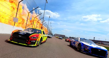 MADISON, ILLINOIS - JUNE 05: Austin Cindric, driver of the #2 Menards/Atlas Ford, and Chase Briscoe, driver of the #14 HighPoint.com Ford, lead the field on a pace lap prior to the NASCAR Cup Series Enjoy Illinois 300 at WWT Raceway on June 05, 2022 in Madison, Illinois. (Photo by Sean Gardner/Getty Images) | Getty Images