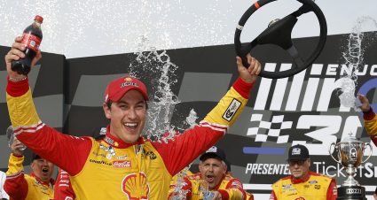 MADISON, ILLINOIS - JUNE 05: Joey Logano, driver of the #22 Shell Pennzoil Ford, celebrates in victory lane after winning the NASCAR Cup Series Enjoy Illinois 300 at WWT Raceway on June 05, 2022 in Madison, Illinois. (Photo by Sean Gardner/Getty Images) | Getty Images