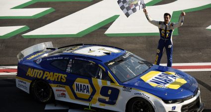 HAMPTON, GEORGIA - JULY 10: Chase Elliott, driver of the #9 NAPA Auto Parts Chevrolet, celebrates after winning the NASCAR Cup Series Quaker State 400 at Atlanta Motor Speedway on July 10, 2022 in Hampton, Georgia. (Photo by Jared C. Tilton/Getty Images) | Getty Images