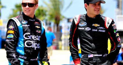 DAYTONA BEACH, FL - JULY 04:  (L-R) Brad Sweet, driver of the #5 Great Clips Chevrolet, talks with Kyle Larson, driver of the #32 Clorox Chevrolet, during practice for the NASCAR Nationwide Series Subway Firecracker 250 at Daytona International Speedway on July 4, 2013 in Daytona Beach, Florida.  (Photo by Sean Gardner/Getty Images) | Getty Images
