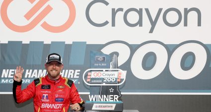 LOUDON, NEW HAMPSHIRE - JULY 16: Justin Allgaier, driver of the #7 BRANDT Chevrolet, celebrates in victory lane after winning the NASCAR Xfinity Series Crayon 200 at New Hampshire Motor Speedway on July 16, 2022 in Loudon, New Hampshire. (Photo by James Gilbert/Getty Images) | Getty Images