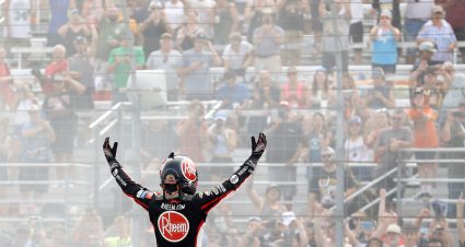 LOUDON, NEW HAMPSHIRE - JULY 17: Christopher Bell, driver of the #20 Rheem/WATTS Toyota, celebrates after winning the NASCAR Cup Series Ambetter 301 at New Hampshire Motor Speedway on July 17, 2022 in Loudon, New Hampshire. (Photo by Tim Nwachukwu/Getty Images) | Getty Images