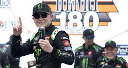 ELKHART LAKE, WISCONSIN - JULY 02: Ty Gibbs, driver of the #54 Monster Energy Toyota, celebrates in victory lane after winning the NASCAR Xfinity Series Henry 180 at Road America on July 02, 2022 in Elkhart Lake, Wisconsin. (Photo by Sean Gardner/Getty Images) | Getty Images