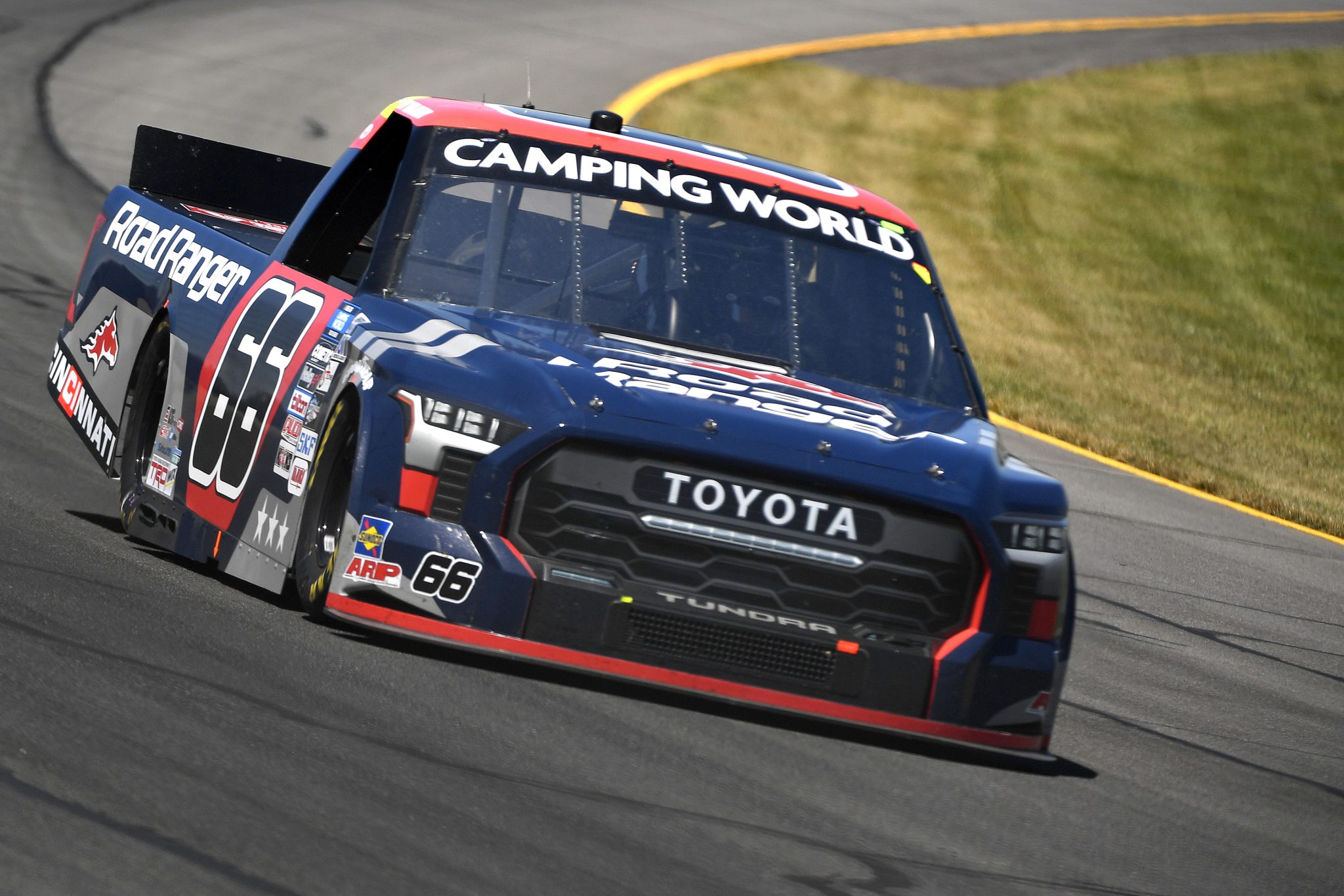 LONG POND, PENNSYLVANIA - JULY 23: Ty Majeski, driver of the #66 Road Ranger Toyota, drives during the NASCAR Camping World Truck Series CRC Brakleen 150 at Pocono Raceway on July 23, 2022 in Long Pond, Pennsylvania. (Photo by Logan Riely/Getty Images) | Getty Images