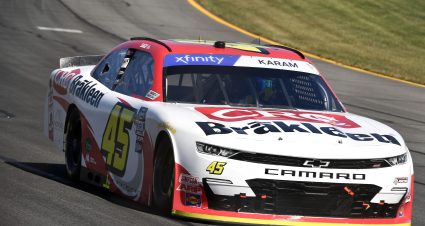 LONG POND, PENNSYLVANIA - JULY 23: Sage Karam, driver of the #45 CRC Brakleen Chevrolet, drives during qualifying for the NASCAR Xfinity Series Explore the Pocono Mountains 225at Pocono Raceway on July 23, 2022 in Long Pond, Pennsylvania. (Photo by Logan Riely/Getty Images) | Getty Images