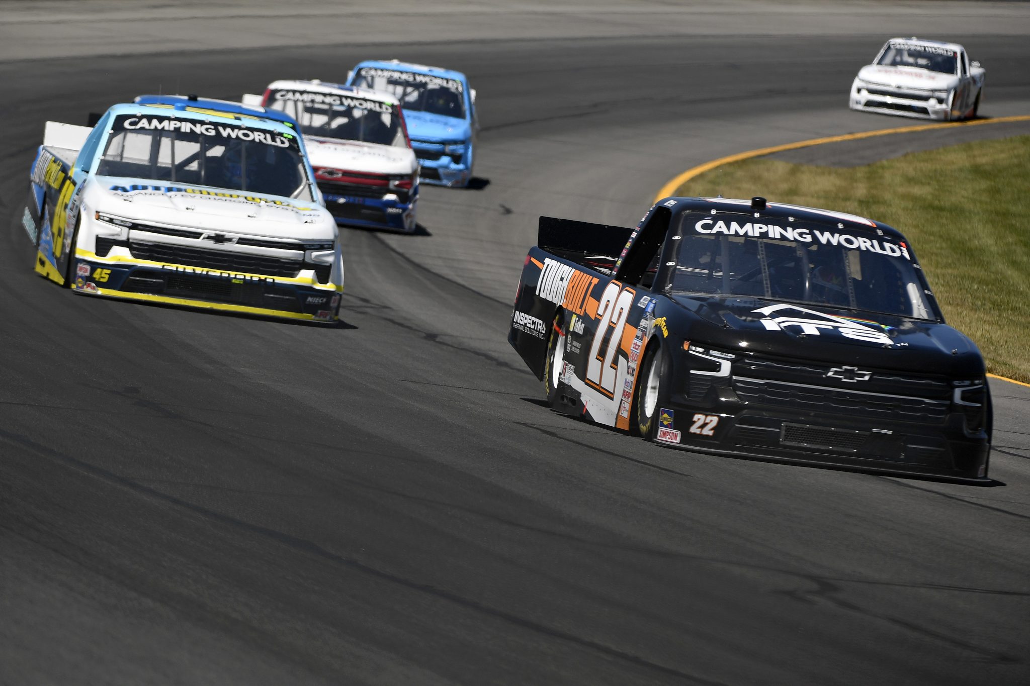 LONG POND, PENNSYLVANIA - JULY 23: Max Gutierrez, driver of the #22 Inspectra Thermal Solutions Chevrolet, drives during the NASCAR Camping World Truck Series CRC Brakleen 150 at Pocono Raceway on July 23, 2022 in Long Pond, Pennsylvania. (Photo by Logan Riely/Getty Images) | Getty Images