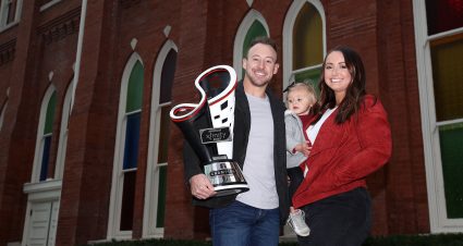 NASHVILLE, TENNESSEE - DECEMBER 01: The 2021 NASCAR Xfinity Series championship driver, Daniel Hemric, his wife, Kenzie and daughter, Rhen Haven pose for photos at the Ryman Auditorium on December 01, 2021 in Nashville, Tennessee. (Photo by Sean Gardner/Getty Images) | Getty Images