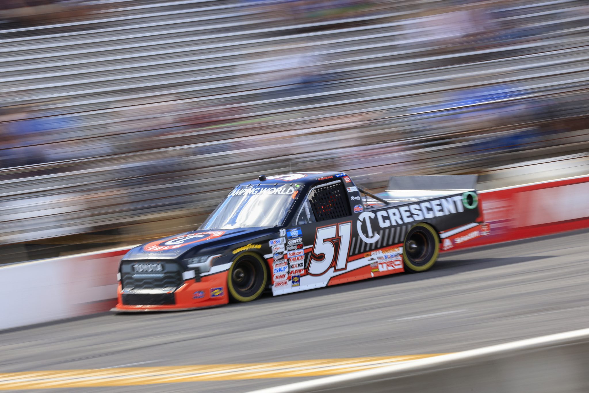INDIANAPOLIS, INDIANA - JULY 29: Corey Heim, driver of the #51 Crescent Tools Toyota, drives during qualifying for the NASCAR Camping World Truck Series TSport 200 at the Indianapolis Raceway Park on July 29, 2022 in Indianapolis, Indiana. (Photo by Justin Casterline/Getty Images)