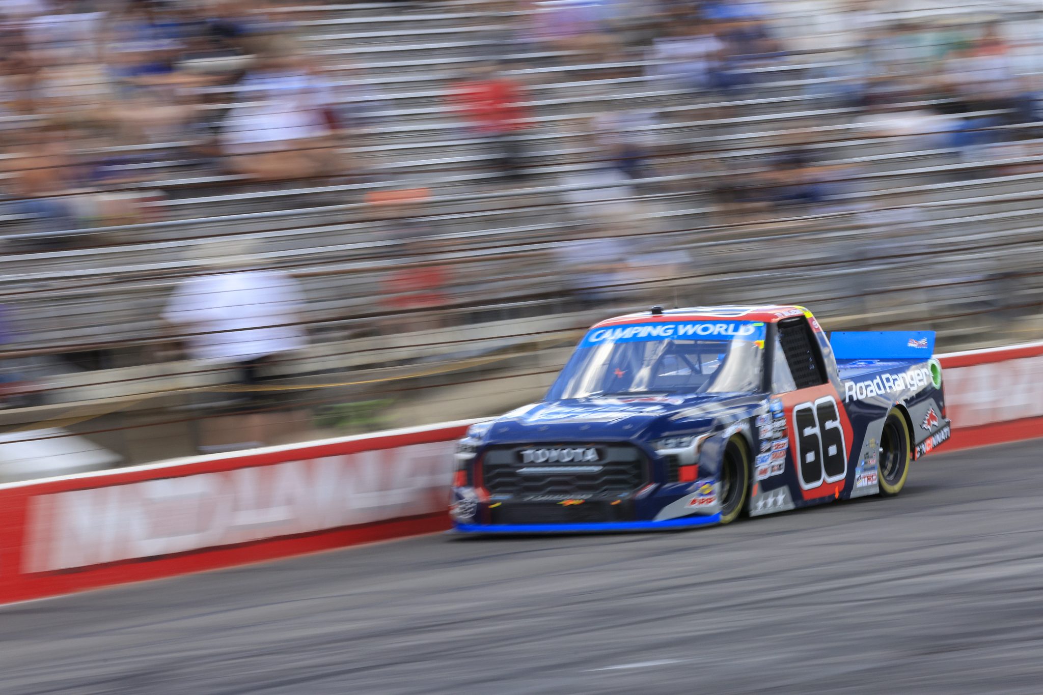 INDIANAPOLIS, INDIANA - JULY 29: Ty Majeski, driver of the #66 Road Ranger Toyota, drives during qualifying for the NASCAR Camping World Truck Series TSport 200 at the Indianapolis Raceway Park on July 29, 2022 in Indianapolis, Indiana. (Photo by Justin Casterline/Getty Images)