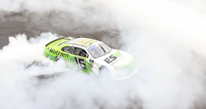 INDIANAPOLIS, INDIANA - JULY 30: AJ Allmendinger, driver of the #16 Nutrien Ag Solutions Chevrolet, celebrates with a burnout after winning the NASCAR Xfinity Series Pennzoil 150 at the Brickyard at Indianapolis Motor Speedway on July 30, 2022 in Indianapolis, Indiana. (Photo by Justin Casterline/Getty Images) | Getty Images