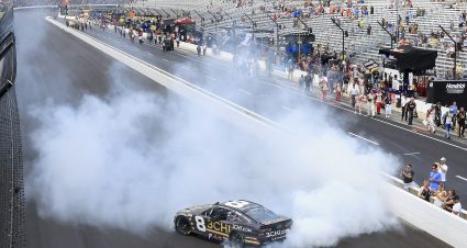 INDIANAPOLIS, INDIANA - JULY 31: Tyler Reddick, driver of the #8 3CHI Chevrolet, celebrates with a burnout after winning the NASCAR Cup Series Verizon 200 at the Brickyard at Indianapolis Motor Speedway on July 31, 2022 in Indianapolis, Indiana. (Photo by Justin Casterline/Getty Images) | Getty Images