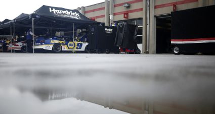 HAMPTON, GEORGIA - JULY 09: A general view of the garage area during a rain delay to qualifying for the NASCAR Xfinity Series Alsco Uniforms 250 at Atlanta Motor Speedway on July 09, 2022 in Hampton, Georgia. (Photo by Jared C. Tilton/Getty Images) | Getty Images