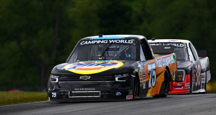 LEXINGTON, OHIO - JULY 09: Parker Kligerman, driver of the #75 Food Country USA/Tide Chevrolet, and Zane Smith, driver of the #38 Boot Barn Ford, race during the NASCAR Camping World Truck Series O'Reilly Auto Parts 150 at Mid-Ohio Sports Car Course on July 09, 2022 in Lexington, Ohio. (Photo by Ben Jackson/Getty Images) | Getty Images