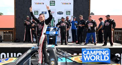 LEXINGTON, OHIO - JULY 09: Parker Kligerman, driver of the #75 Food Country USA/Tide Chevrolet, celebrates in victory lane after winning the NASCAR Camping World Truck Series O'Reilly Auto Parts 150 at Mid-Ohio Sports Car Course on July 09, 2022 in Lexington, Ohio. (Photo by Ben Jackson/Getty Images) | Getty Images