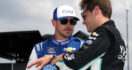 LEBANON, TENNESSEE - JUNE 25: Daniel Hemric, driver of the #11 Cirkul - Water Your Way Chevrolet, (L) and Landon Cassill, driver of the #10 Voyager: Crypto for All Chevrolet, speak on the grid during qualifying for the NASCAR Xfinity Series Tennessee Lottery 250 at Nashville Superspeedway on June 25, 2022 in Lebanon, Tennessee. (Photo by Meg Oliphant/Getty Images) | Getty Images