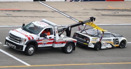 BROOKLYN, MICHIGAN - AUGUST 07: The #16 Chevy Accessories Chevrolet, driven by Noah Gragson is towed after an on-track incident during the NASCAR Cup Series FireKeepers Casino 400 at Michigan International Speedway on August 07, 2022 in Brooklyn, Michigan. (Photo by Mike Mulholland/Getty Images) | Getty Images