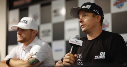 WATKINS GLEN, NEW YORK - AUGUST 20: Kimi Raikkonen, driver of the #91 Recogni Chevrolet, speaks to the media during a press conference as Trackhouse Racing team co-owner Justin Marks looks on prior to practice for the NASCAR Cup Series Go Bowling at The Glen at Watkins Glen International on August 20, 2022 in Watkins Glen, New York. (Photo by Chris Graythen/Getty Images) | Getty Images