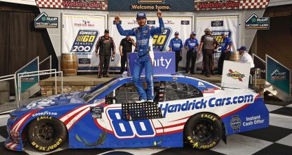 WATKINS GLEN, NEW YORK - AUGUST 20: Kyle Larson, driver of the #88 HendrickCars.com Chevrolet, celebrates in the Ruoff Mortgage victory lane after winning the NASCAR Xfinity Series Sunoco Go Rewards 200 at The Glen at Watkins Glen International on August 20, 2022 in Watkins Glen, New York. (Photo by Chris Graythen/Getty Images) | Getty Images