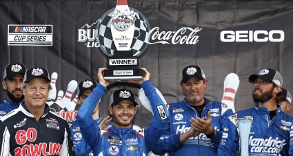 WATKINS GLEN, NEW YORK - AUGUST 21: Kyle Larson, driver of the #5 HendrickCars.com Chevrolet, celebrates in victory lane after winning the NASCAR Cup Series Go Bowling at The Glen at Watkins Glen International on August 21, 2022 in Watkins Glen, New York. (Photo by Chris Graythen/Getty Images) | Getty Images