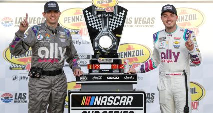LAS VEGAS, NEVADA - MARCH 06: Alex Bowman, driver of the #48 Ally Chevrolet, and crew chief Greg Ives celebrate in victory lane after winning the NASCAR Cup Series Pennzoil 400 at Las Vegas Motor Speedway on March 06, 2022 in Las Vegas, Nevada. (Photo by Meg Oliphant/Getty Images) | Getty Images