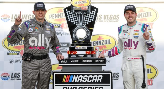 LAS VEGAS, NEVADA - MARCH 06: Alex Bowman, driver of the #48 Ally Chevrolet, and crew chief Greg Ives celebrate in victory lane after winning the NASCAR Cup Series Pennzoil 400 at Las Vegas Motor Speedway on March 06, 2022 in Las Vegas, Nevada. (Photo by Meg Oliphant/Getty Images) | Getty Images