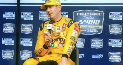 KANSAS CITY, KANSAS - SEPTEMBER 10: Kyle Busch, driver of the #18 M&M's Toyota, speaks to the media during a press conference after practice for the NASCAR Cup Series Hollywood Casino 400 at Kansas Speedway on September 10, 2022 in Kansas City, Kansas. (Photo by Chris Graythen/Getty Images) | Getty Images