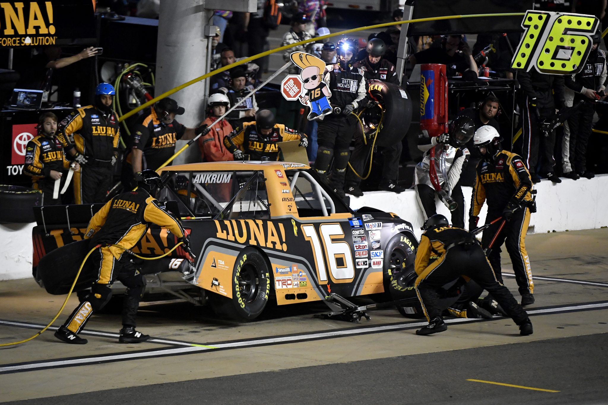 BRISTOL, TENNESSEE - SEPTEMBER 15: Tyler Ankrum, driver of the #16 LiUNA! Toyota, pits during the NASCAR Camping World Truck Series UNOH 200 at Bristol Motor Speedway on September 15, 2022 in Bristol, Tennessee. (Photo by Logan Riely/Getty Images) | Getty Images