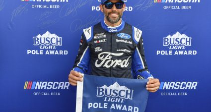 BRISTOL, TENNESSEE - SEPTEMBER 16: Aric Almirola, driver of the #10 Ford BlueOval City Ford, poses for photos after winning the pole award during qualifying for the NASCAR Cup Series Bass Pro Shops Night Race at Bristol Motor Speedway on September 16, 2022 in Bristol, Tennessee. (Photo by Logan Riely/Getty Images) | Getty Images