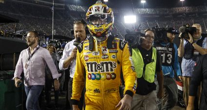 BRISTOL, TENNESSEE - SEPTEMBER 17: Kyle Busch, driver of the #18 M&M's Toyota, exits the track to his hauler after an engine failure during the NASCAR Cup Series Bass Pro Shops Night Race at Bristol Motor Speedway on September 17, 2022 in Bristol, Tennessee. (Photo by Sean Gardner/Getty Images) | Getty Images