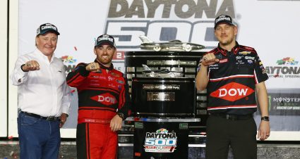 DAYTONA BEACH, FL - FEBRUARY 18: Austin Dillon, driver of the #3 DOW Chevrolet, team owner Richard Childress and crew chief Justin Alexander pose in Victory Lane after winning during the Monster Energy NASCAR Cup Series 60th Annual Daytona 500 at Daytona International Speedway on February 18, 2018 in Daytona Beach, Florida.  (Photo by Sarah Crabill/Getty Images) | Getty Images