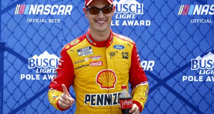 DARLINGTON, SOUTH CAROLINA - SEPTEMBER 03: Joey Logano, driver of the #22 Shell Pennzoil Ford, poses in front of the Busch Light Pole Award backdrop after winning the pole award for the NASCAR Cup Series Cook Out Southern 500 at Darlington Raceway on September 03, 2022 in Darlington, South Carolina. (Photo by Jared C. Tilton/Getty Images) | Getty Images