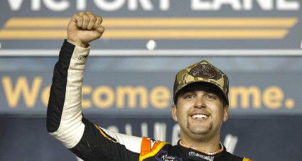 DARLINGTON, SOUTH CAROLINA - SEPTEMBER 03: Noah Gragson, driver of the #9 Bass Pro Shops/TrueTimber/BRCC Chevrolet, celebrates in victory lane after winning the NASCAR Xfinity Series Sport Clips Haircuts VFW Help A Hero 200 at Darlington Raceway on September 03, 2022 in Darlington, South Carolina. (Photo by Jared C. Tilton/Getty Images) | Getty Images