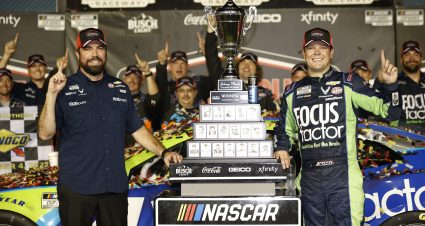 DARLINGTON, SOUTH CAROLINA - SEPTEMBER 04: Erik Jones, driver of the #43 FOCUSfactor Chevrolet, and crew chief David Elenz celebrate in victory lane after winning the NASCAR Cup Series Cook Out Southern 500 at Darlington Raceway on September 04, 2022 in Darlington, South Carolina. (Photo by Jared C. Tilton/Getty Images) | Getty Images