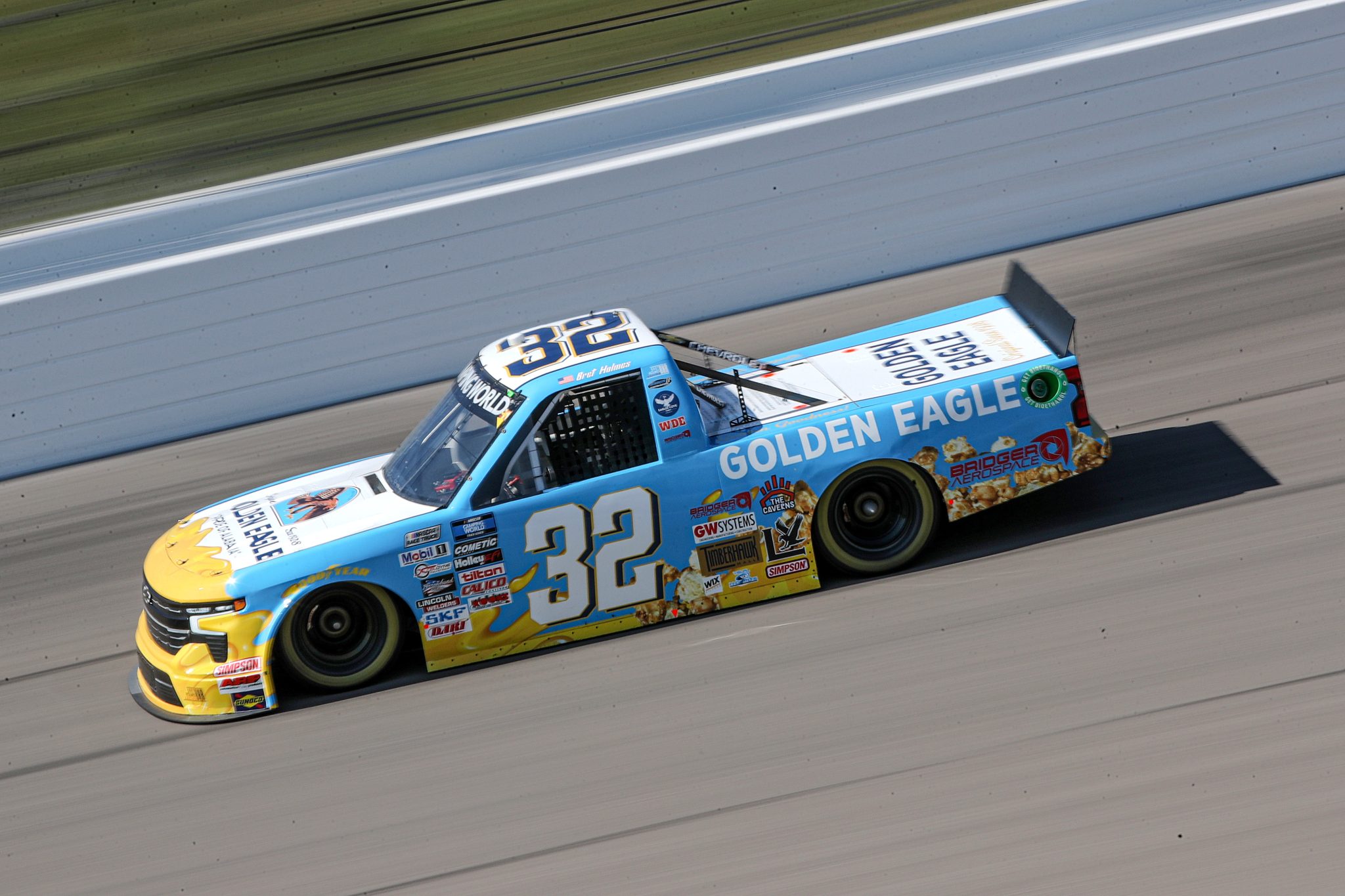 KANSAS CITY, KANSAS - SEPTEMBER 09: Bret Holmes, driver of the #32 Golden Eagle/Bridger Aerospace Chevrolet, drives during qualifying for the NASCAR Camping World Truck Series Kansas Lottery 200 at Kansas Speedway on September 09, 2022 in Kansas City, Kansas. (Photo by Meg Oliphant/Getty Images) | Getty Images