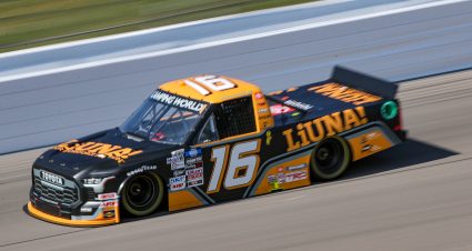 KANSAS CITY, KANSAS - SEPTEMBER 09: Tyler Ankrum, driver of the #16 LiUNA! Toyota, drives during qualifying for the NASCAR Camping World Truck Series Kansas Lottery 200 at Kansas Speedway on September 09, 2022 in Kansas City, Kansas. (Photo by Meg Oliphant/Getty Images) | Getty Images