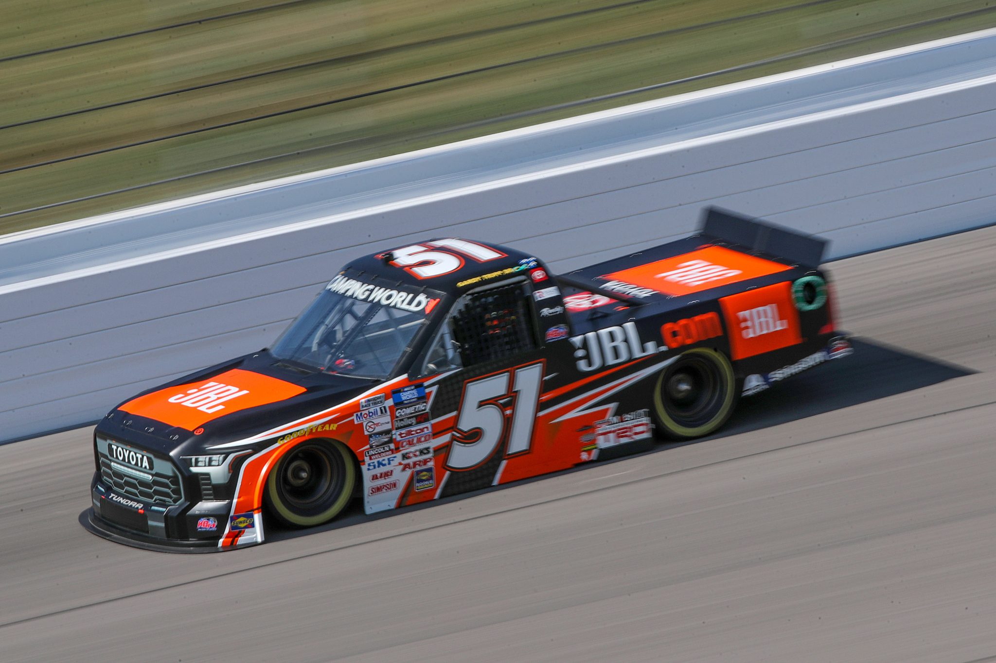 KANSAS CITY, KANSAS - SEPTEMBER 09: Corey Heim, driver of the #51 JBL Toyota, drives during qualifying for the NASCAR Camping World Truck Series Kansas Lottery 200 at Kansas Speedway on September 09, 2022 in Kansas City, Kansas. (Photo by Meg Oliphant/Getty Images) | Getty Images