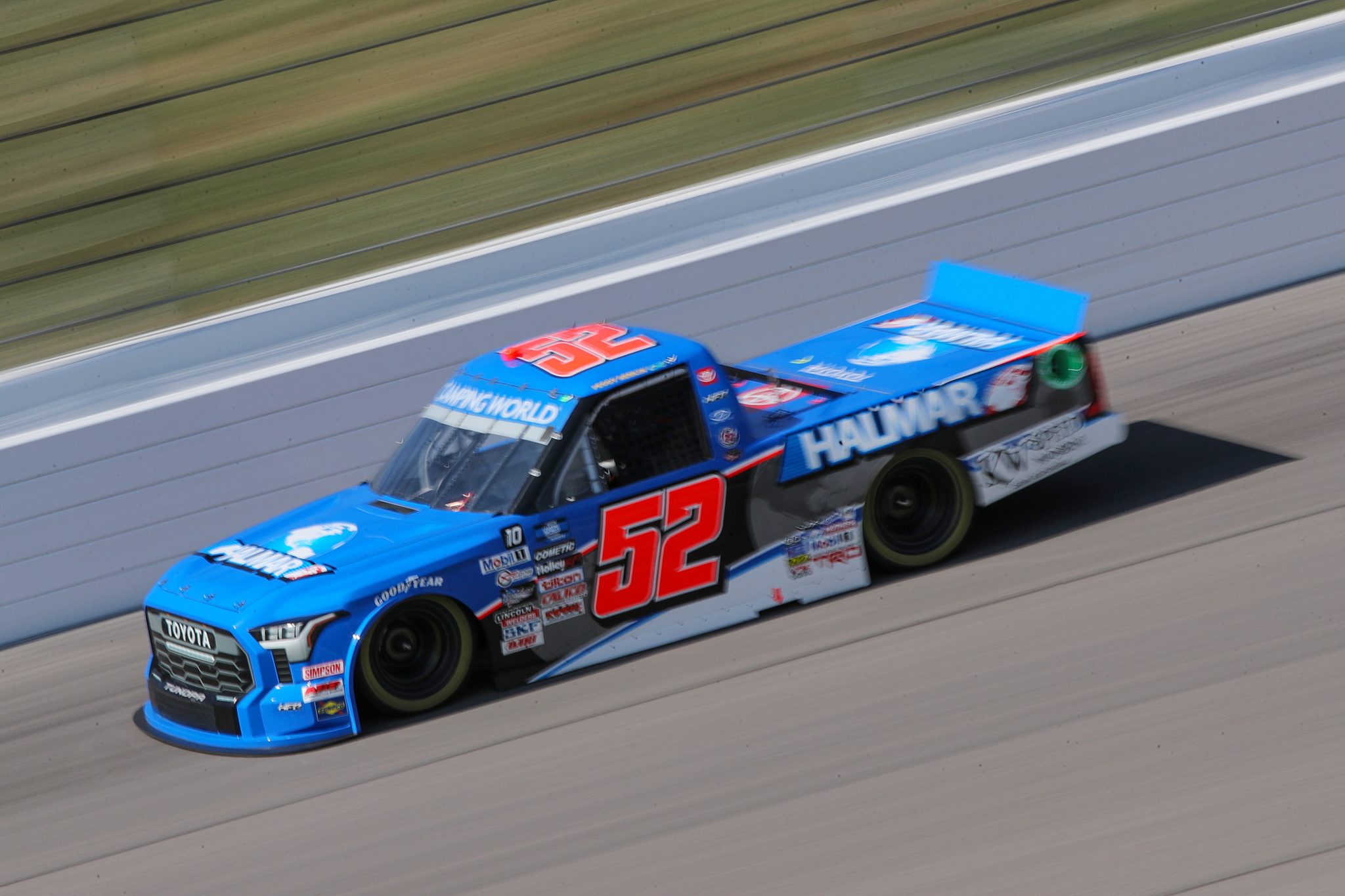 KANSAS CITY, KANSAS - SEPTEMBER 09: Stewart Friesen, driver of the #52 Halmar International Toyota, drives during qualifying for the NASCAR Camping World Truck Series Kansas Lottery 200 at Kansas Speedway on September 09, 2022 in Kansas City, Kansas. (Photo by Meg Oliphant/Getty Images) | Getty Images