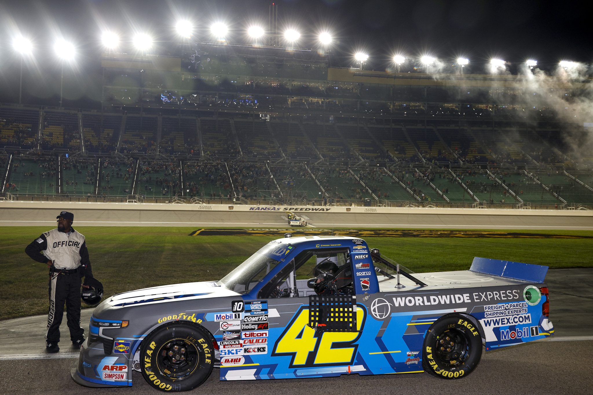 KANSAS CITY, KANSAS - SEPTEMBER 09: Carson Hocevar, driver of the #42 Worldwide Express Chevrolet, sits in his truck after running out of gas on the final lap of the NASCAR Camping World Truck Series Kansas Lottery 200 at Kansas Speedway on September 09, 2022 in Kansas City, Kansas. (Photo by Chris Graythen/Getty Images) | Getty Images