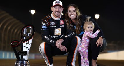 AVONDALE, ARIZONA - NOVEMBER 06: Daniel Hemric, driver of the #18 Poppy Bank Toyota, poses for phots with his wife, Kenzie and daughter, Rhen Haven after winning the NASCAR Xfinity Series Championship at Phoenix Raceway on November 06, 2021 in Avondale, Arizona. (Photo by Sean Gardner/Getty Images) | Getty Images