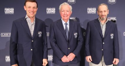 CHARLOTTE, NORTH CAROLINA - JANUARY 19: (L-R) 2023 NASCAR Hall of Fame inductees, Matt Kenseth, Hershel McGriff and Kirk Shelmerdine pose for photos during the Blue Jacket Ceremony at NASCAR Hall of Fame on January 19, 2023 in Charlotte, North Carolina. (Photo by David Jensen/Getty Images) | Getty Images