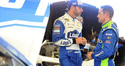 HOMESTEAD, FL - NOVEMBER 18:  Jimmie Johnson, driver of the #48 Lowe's Chevrolet, talks to Casey Mears, driver of the #13 GEICO Chevrolet, in the garage area during practice for the NASCAR Sprint Cup Series Ford EcoBoost 400 at Homestead-Miami Speedway on November 18, 2016 in Homestead, Florida.  (Photo by Robert Laberge/Getty Images) | Getty Images