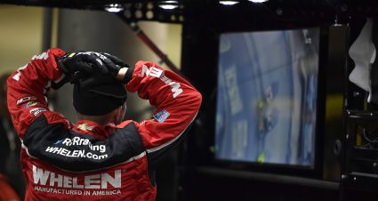 BRISTOL, TENNESSEE - SEPTEMBER 16: A crew member of the #2 Whelen Chevrolet, reacts to driver, Sheldon Creed's on-track incident on a monitor in the pit area during the NASCAR Xfinity Series Food City 300 at Bristol Motor Speedway on September 16, 2022 in Bristol, Tennessee. (Photo by Logan Riely/Getty Images) | Getty Images
